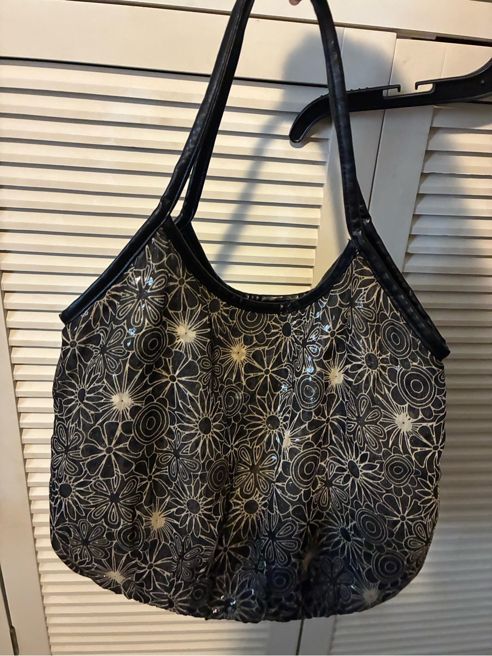 Black Floral Shoulder Tote Bag with Ivory Pattern